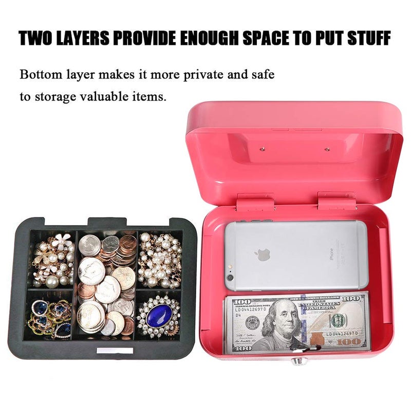 Jssmst Small Cash Box with Key Lock - Durable Metal Cash Box with Money Tray Pink, CB0104M - Image 2